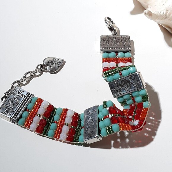 Tribal Bead Bracelet Silvertone Turquoise Red Blue Glass Lobster Clasp 8" - Picture 4 of 6